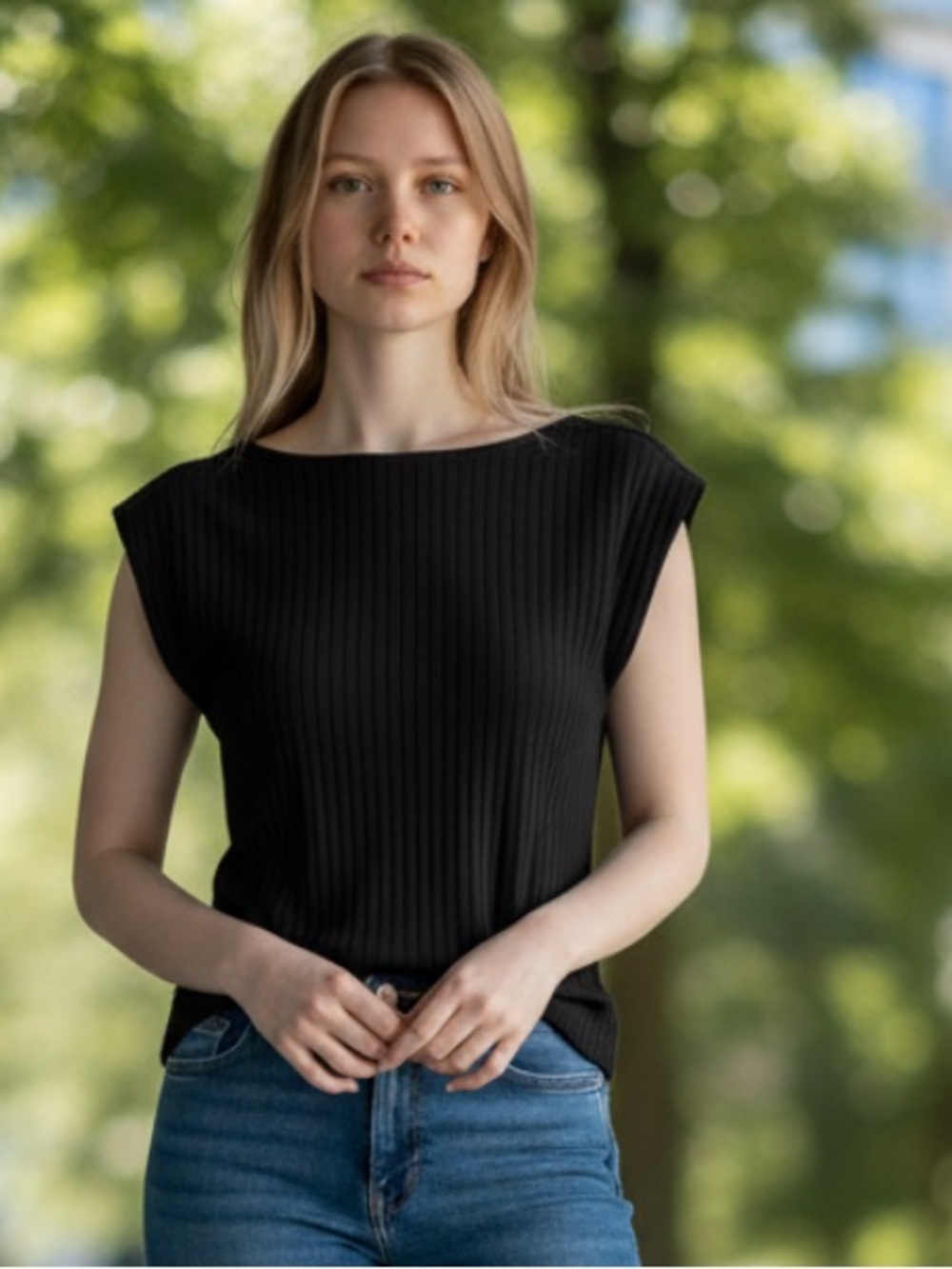 Ann Taylor Black Ribbed Cap-Sleeve Tank Top